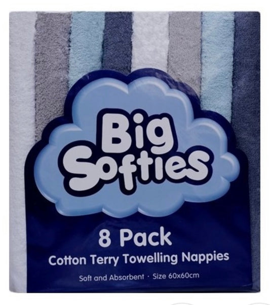 Big Softies Coloured Towelling Nappies 8 Pack - Assorted Blue/Grey