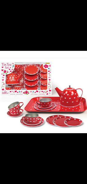 Tin Toy Tea Set with Tray 15 pieces- Red and White Pokadot